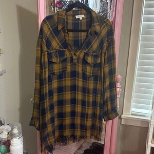 Umgee Navy and Mustard Plaid Blouse